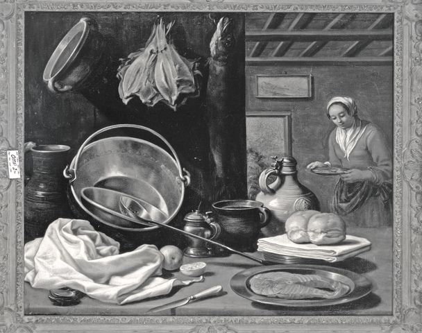 Christie's — Delff Cornelis Jacobsz. - cerchia - sec. XVII - Interno di cucina con figura femminile, pentole, piatto con salmone e pane — insieme
